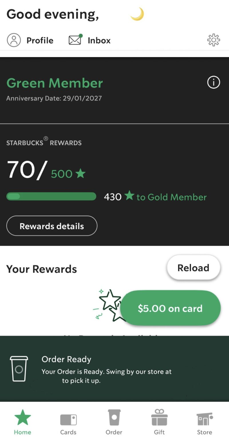 ニュージーランドのスターバックスのアプリの画面